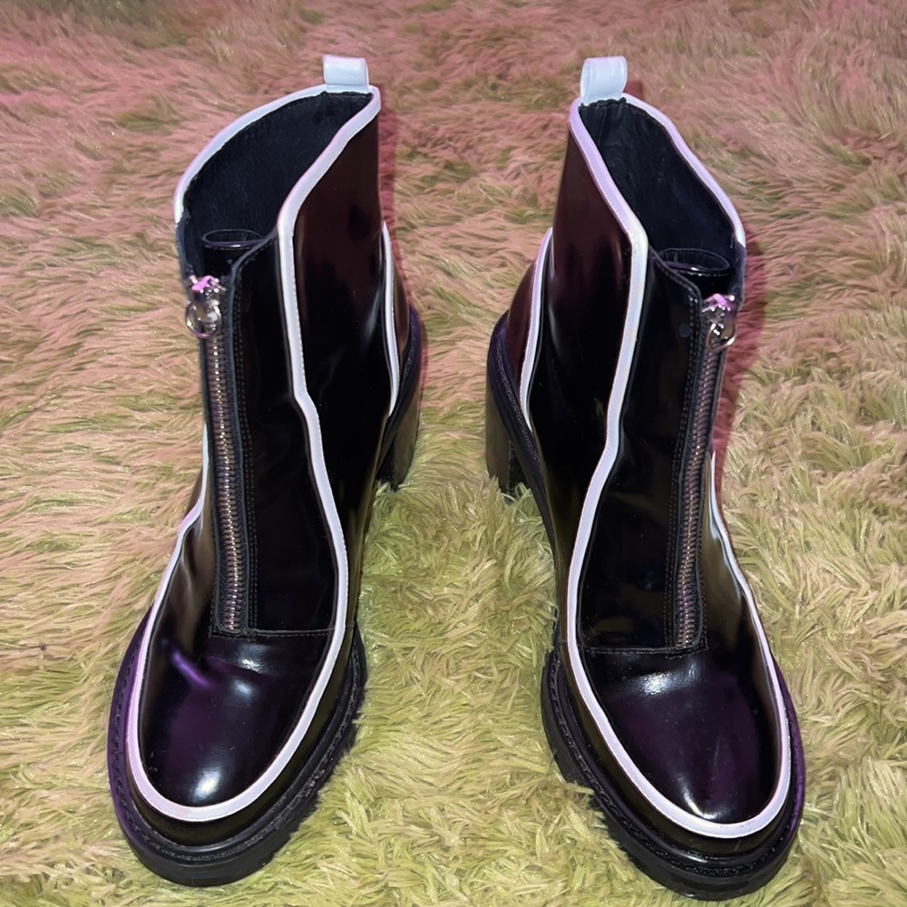 Shellys London Black and White Patent Contrast Chunky Boot W/ Zipper detail